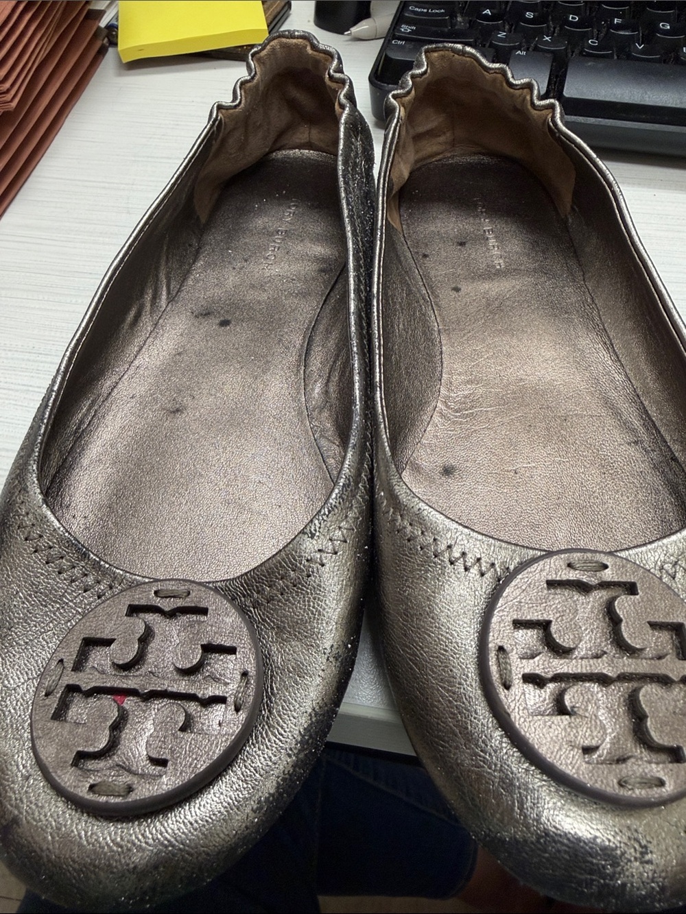 Tory Burch Bronze Metallic Logo Ballet Flats